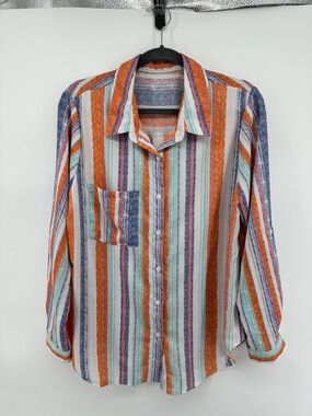 Boho Coastal Western Beachy Button Down Collar Multicolor Striped Shirt SzL